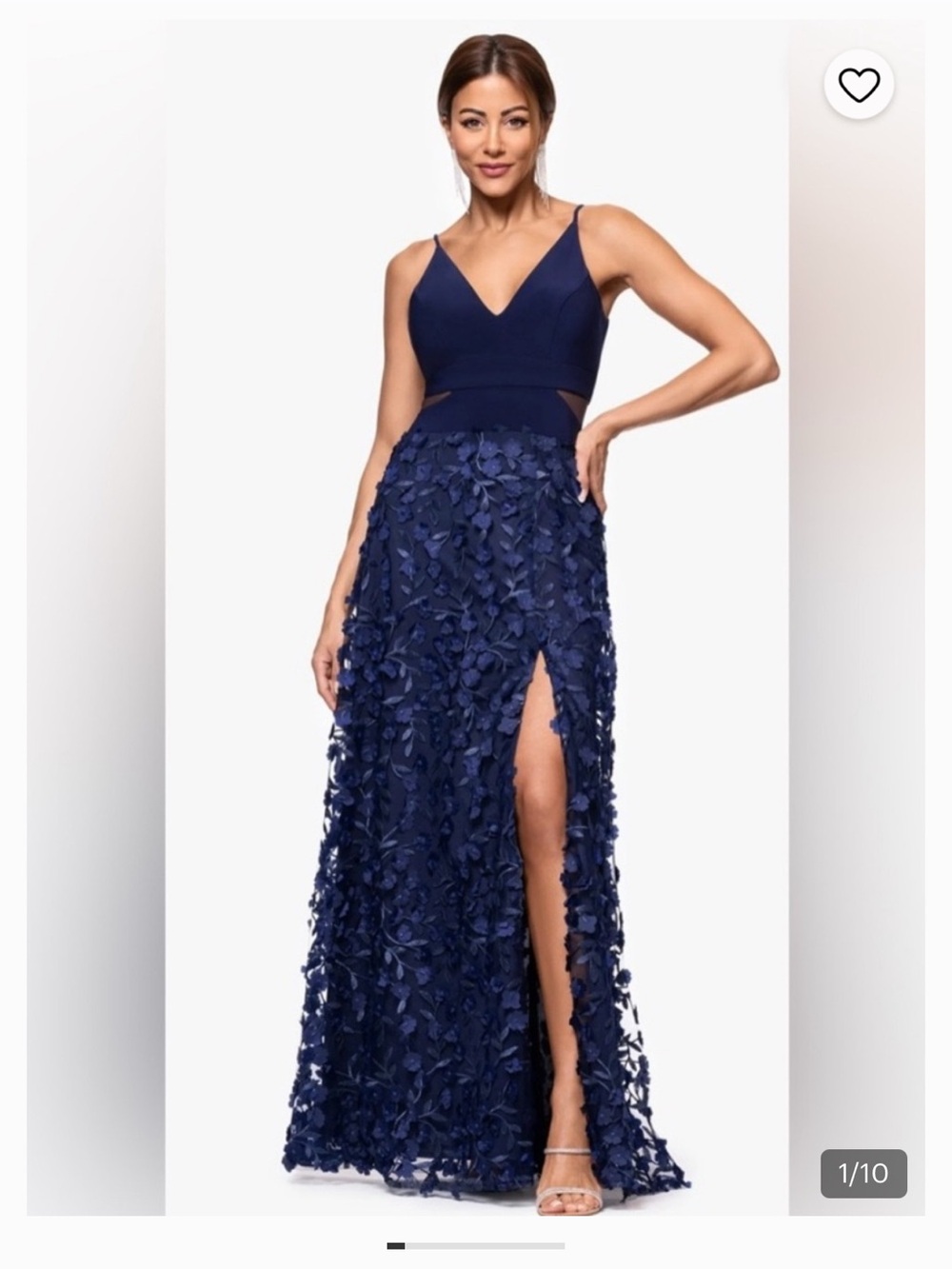 Xscape Navy V-Neck Appliqué Prom Gown with High Slit